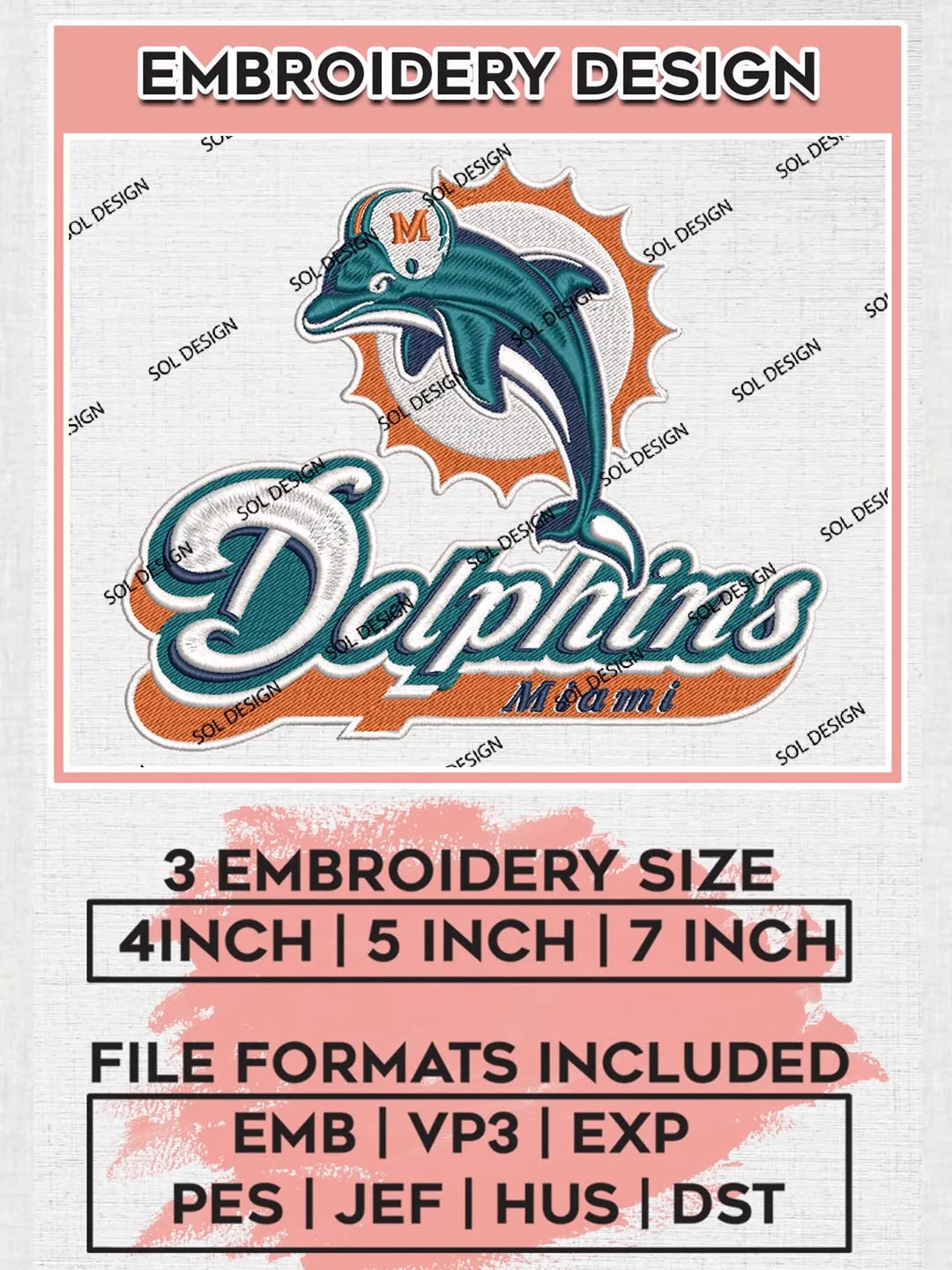 NFL Miami Dolphins Embroidery Design Files, NFL Dolphins, NFL Logo Embroidery Files, NFL Miami Dolphins Machine Embroidery Design, Digital Download