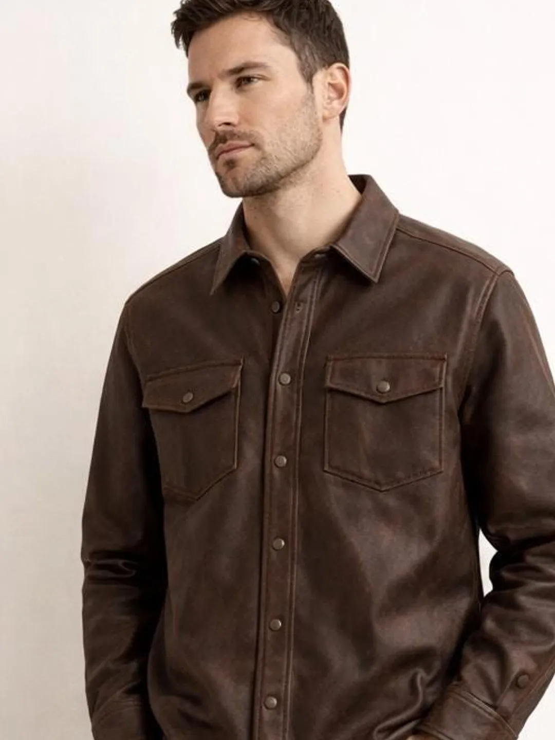 Men's Brown Leather Shirt Jacket Genuine Leather Button Front Shacket Casual Biker Style Overshirt for Fall Winter Men's Brown Leather Shirt Jacket Genuine Leather Button Front Shacket Casual Biker Style Overshirt for Fall Winter