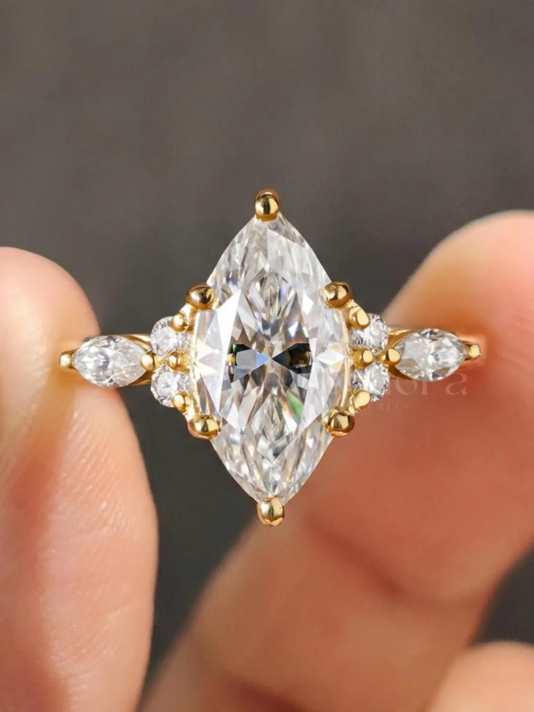 Marquise Cut Engagement Ring in Solid Gold, Vintage Inspired Bridal Ring