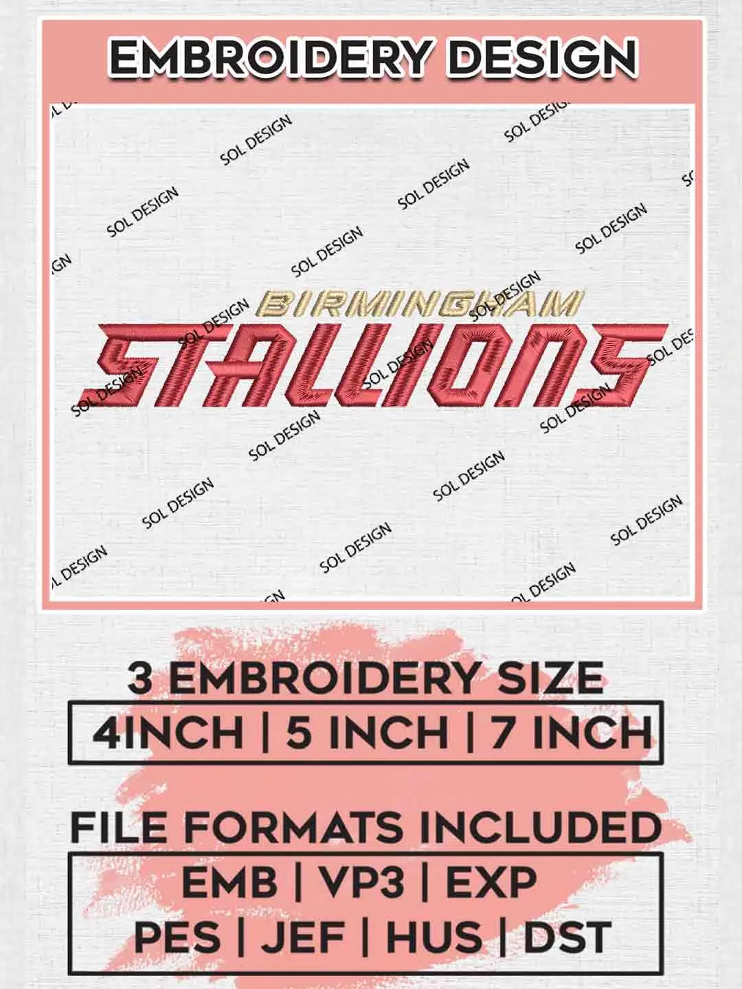 Birmingham Stallions Wordmark Logo Embroidery Design, UFL Embroidery files, Sport Machine embroidery designs, 3 sizes, Instant Download