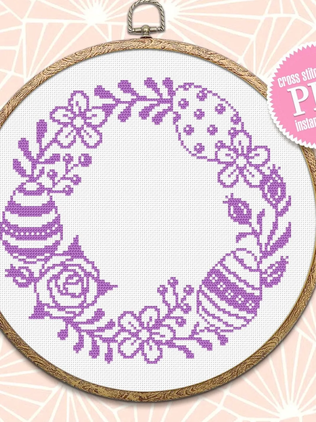 Easter wreath cross stitch pattern download PDF Easter eggs cross stitch chart, Small beginner embroidery PDF, Happy Easter cross stitch #T1