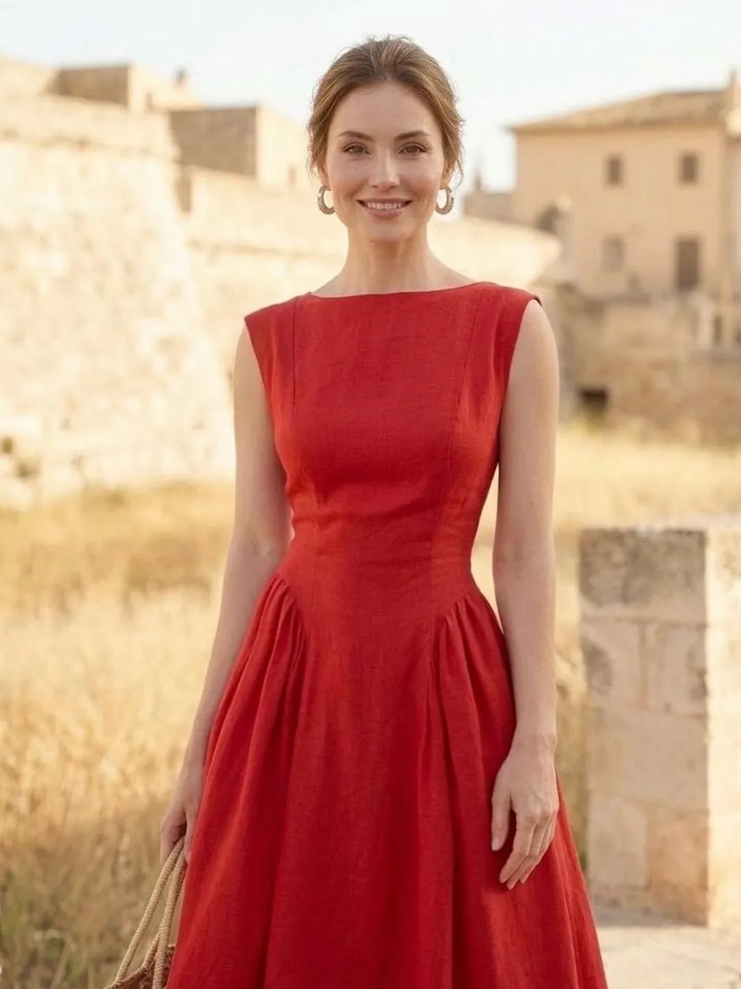 linen dress fit and flare LINEN FIT-AND-FLARE MIDI DRESS