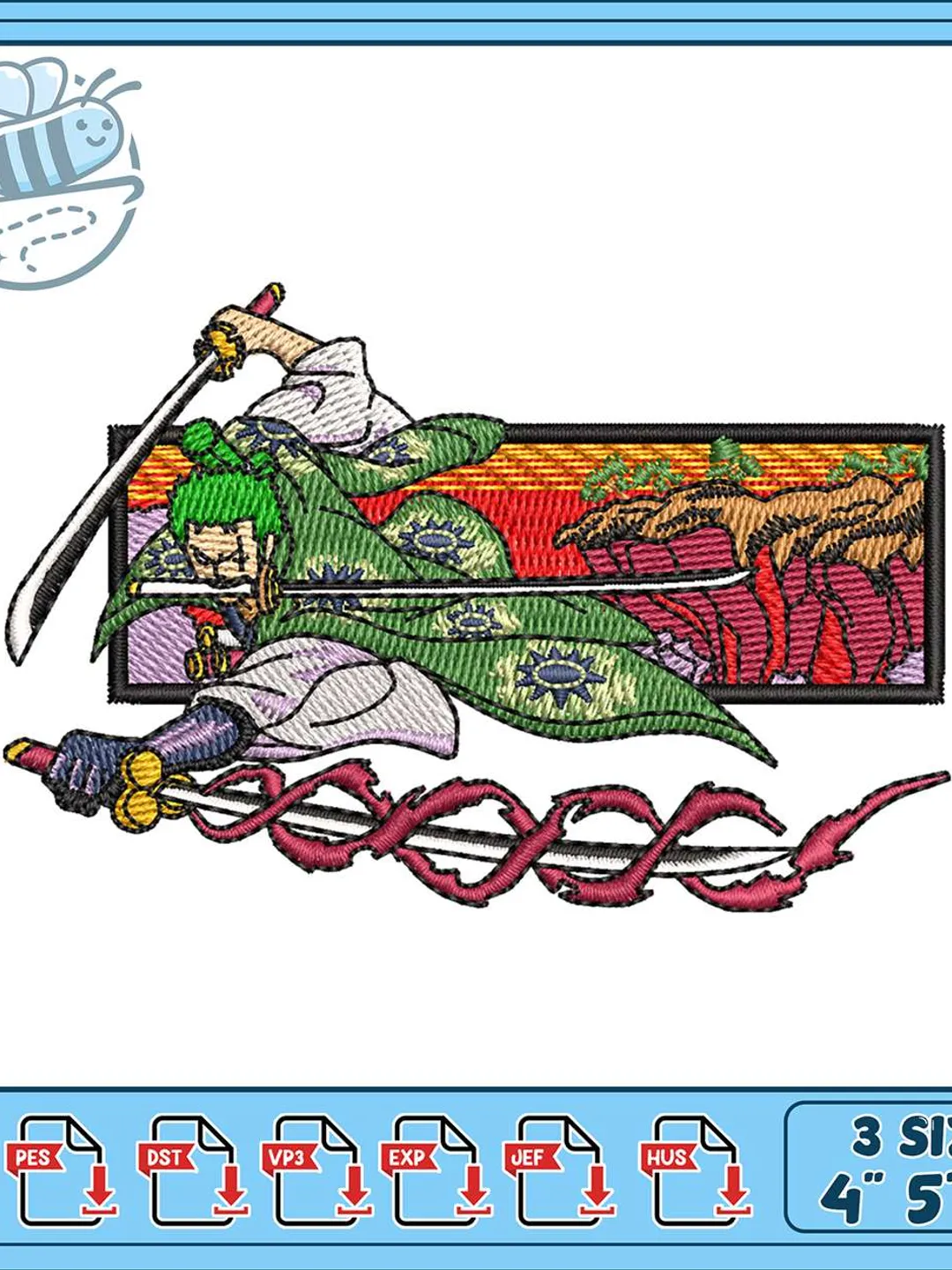 Zoro Bite The Sword Embroidery Design,One Piece Anime Embroidery
