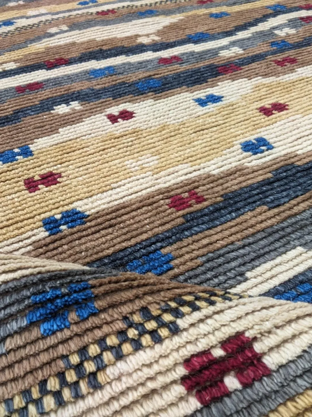 Handwoven Wool Area Rug, Earthy Striped Design, Boho Rustic Fringe