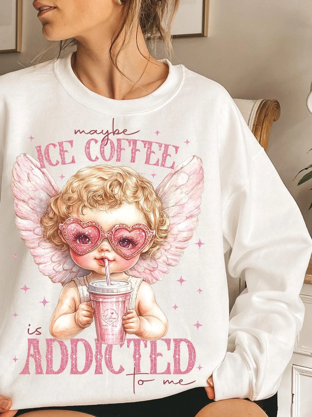 Retro Cupid Valentines Day Heart shape PNG, Ice Coffee Addicted Vintage Valentines Cupid With Sunglasses png, Vday Coffee png Cupid Coffee