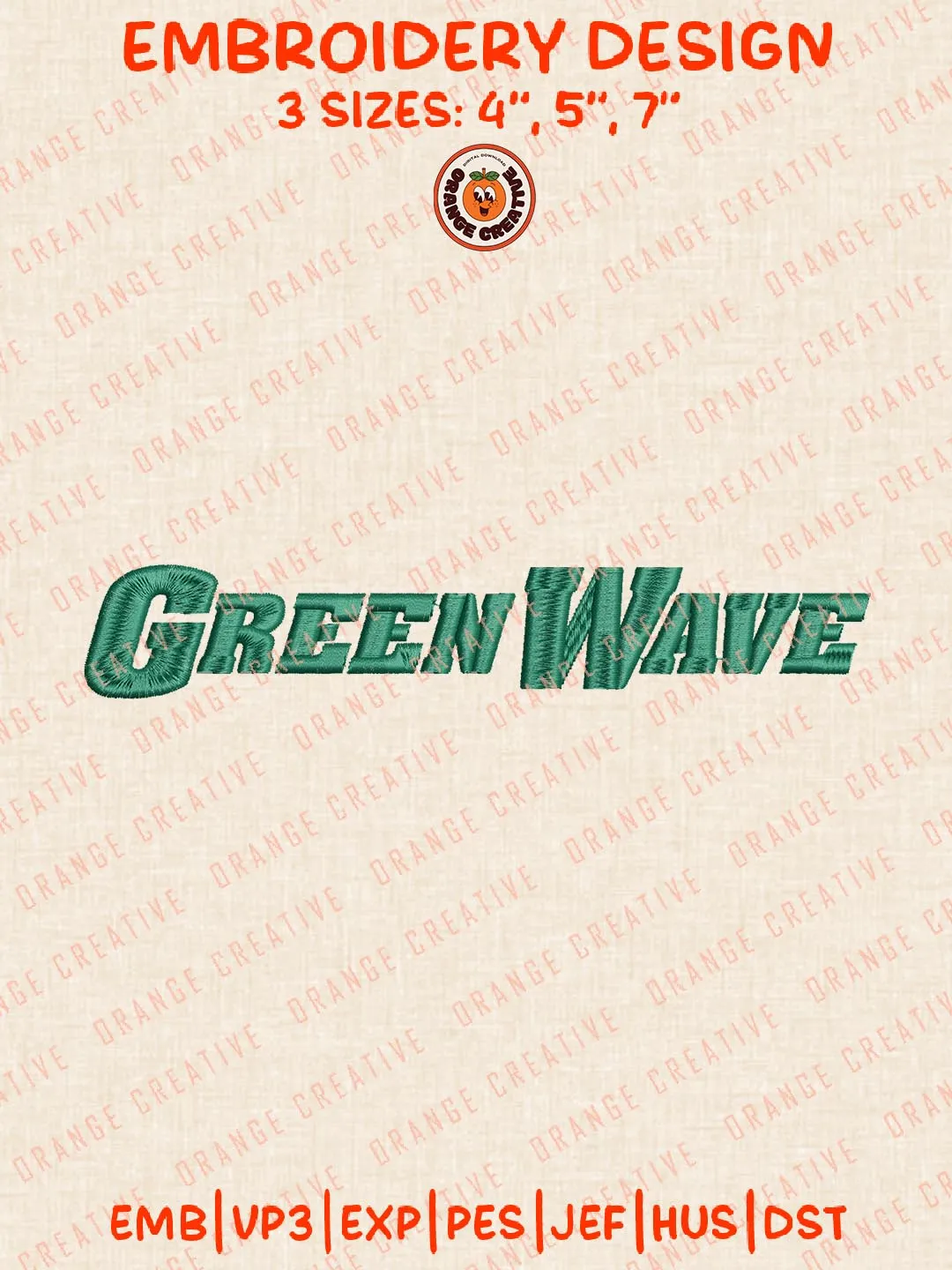 NCAA Green Wave Text Embroidery Design, NCAA Tulane Green Wave Team Logo Embroidery Design, Machine Embroidery Design File, 4 Sizes, Custom Size, Digital Download