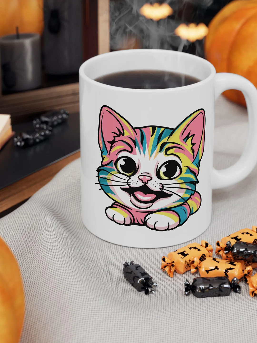 Cute Rainbow Cat Mug, Colorful Kitten Coffee Cup, Unique Pet Lover Gift, Kawaii Cat Art Mug, Pretty Pastel Coffee Cup, Kitty Lover Gift