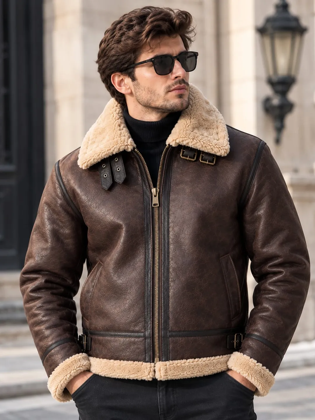 Men's brown shearling leather jacket