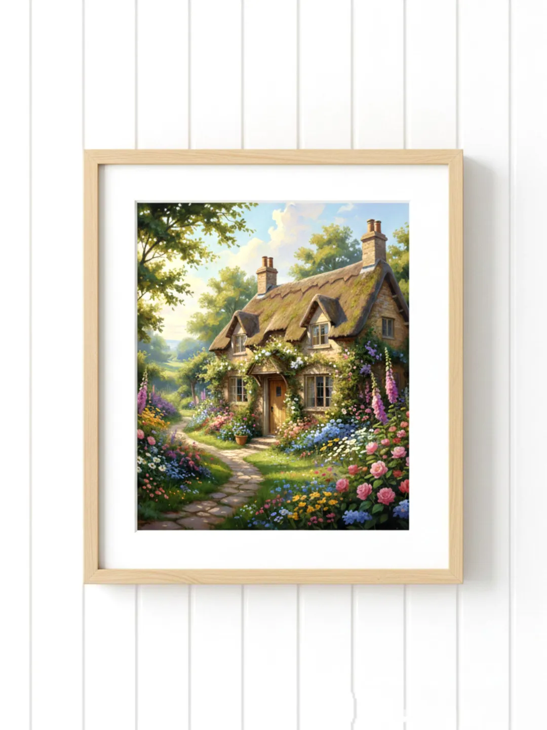 Large Vintage Wall Art Cottage Oil Painting Print, Blossoming Garden ...