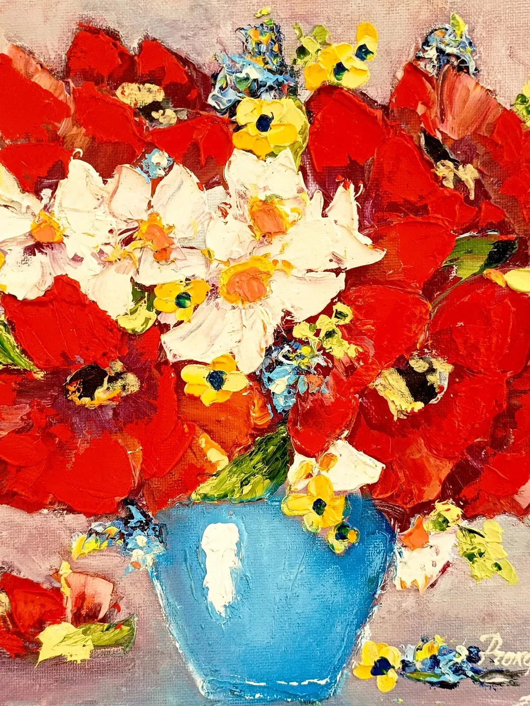 Daisy Painting Poppy Original Art Impasto Oil Painting Chamomile Flowers Painting Original Art Floral Wall Art Small Painting Gift 10x10