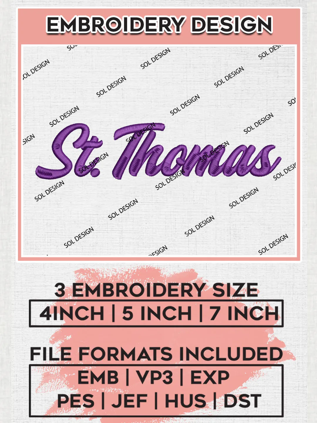 NCAA St Thomas Team Word Logo Embroidery Design Files, NCAA St Thomas Minnesota Tommies Machine Embroidery, NCAA Teams, Game Day, 3 sizes, NCAA Machine embroidery designs, Digital Download