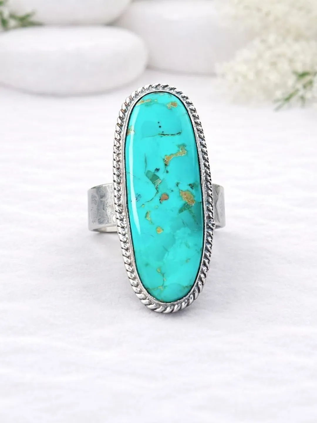 Turquoise Silver Ring | Handmade 925 Sterling Silver Ring | Long Oval ...