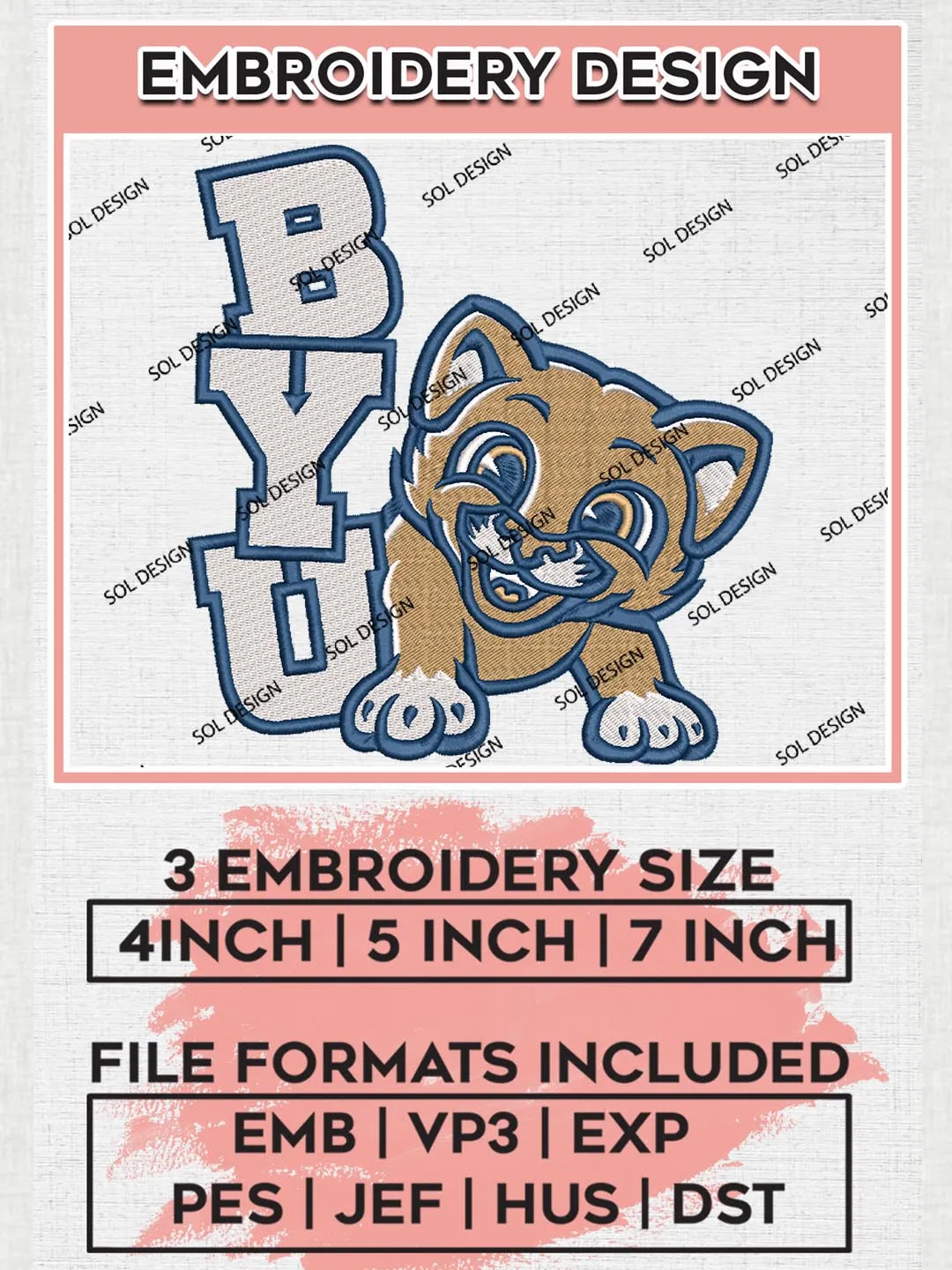 NCAA BYU College Team Mascot Logo Embroidery Design Files, NCAA BYU Cougars Machine Embroidery, NCAA Teams, 3 sizes, NCAA Machine embroidery designs, Digital Download