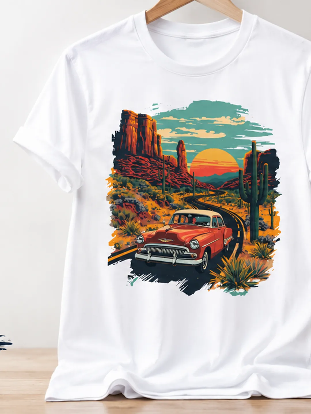 Vintage Desert Road T-Shirt – Retro Classic Car & Southwest Sunset Design