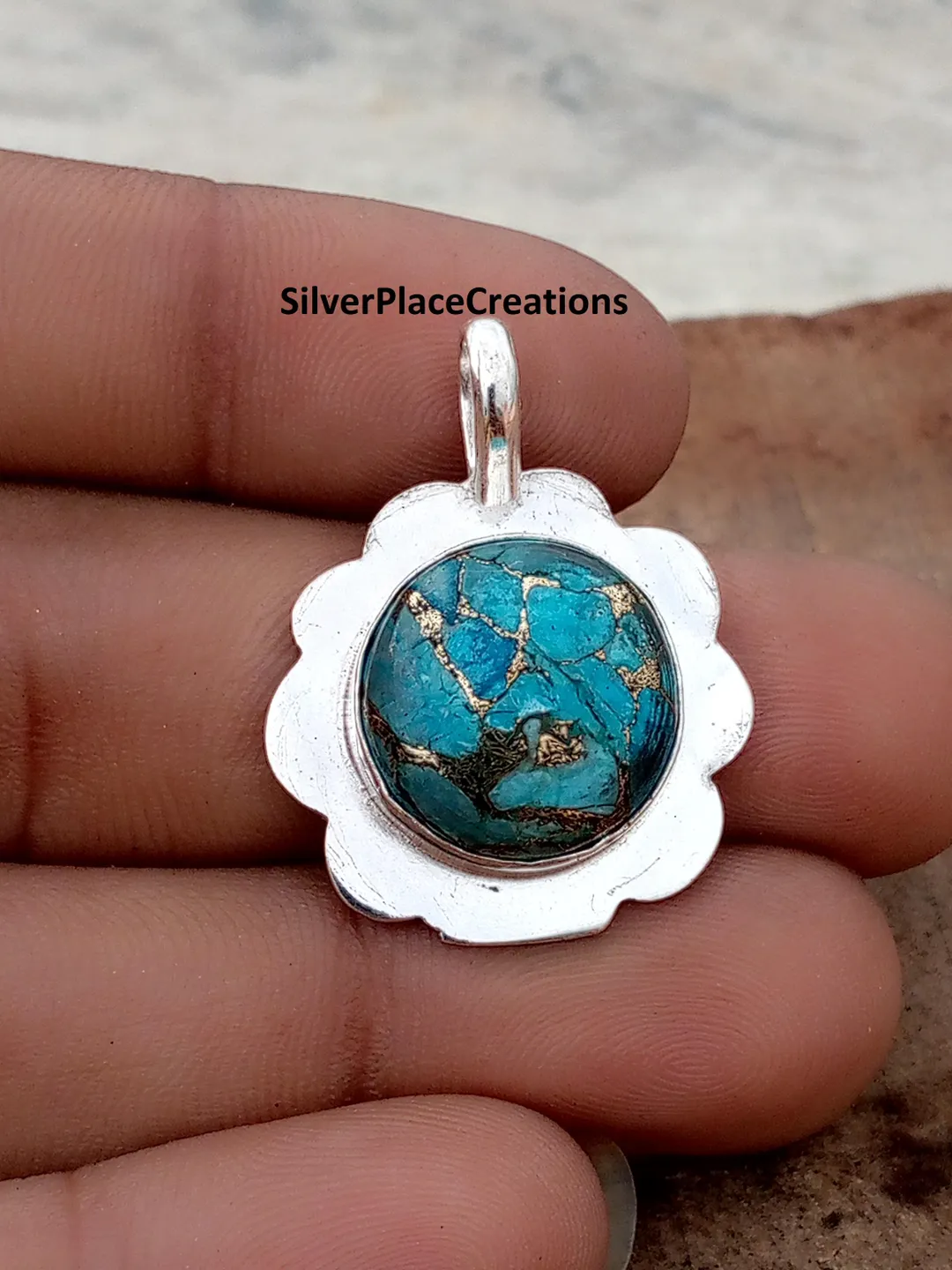 Blue Copper Turquoise Sterling Silver Pendant, Handmade Boho Necklace