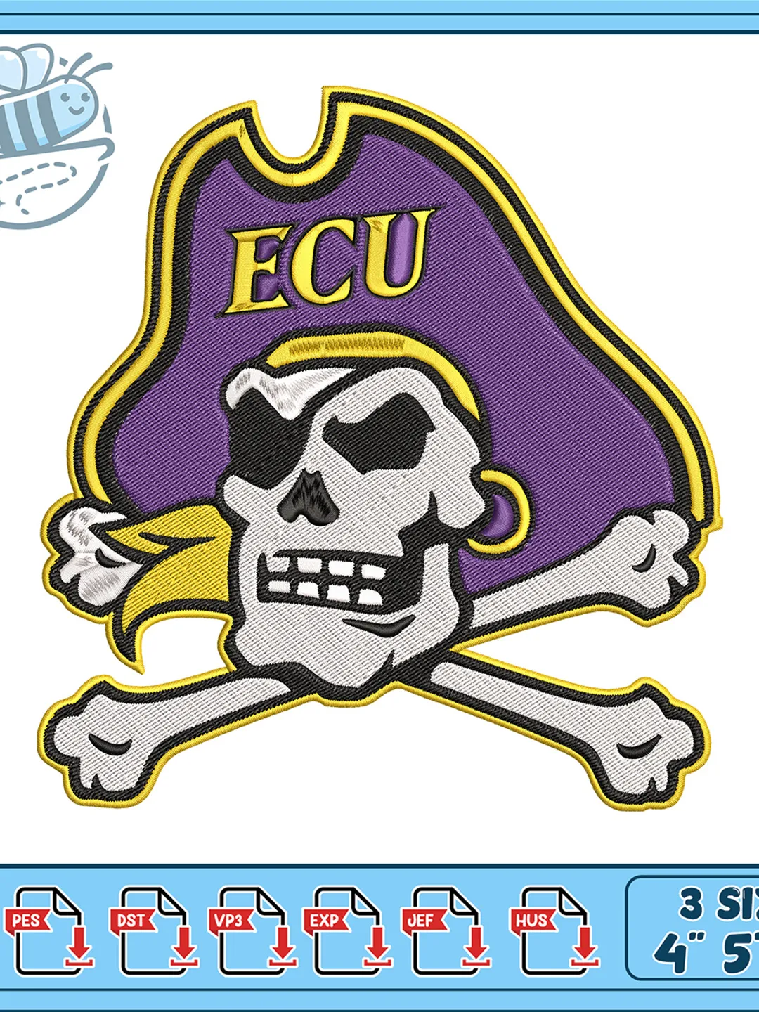 ECU Pirates Skull and Crossbones Embroidery Design, College Mascot Machine Embroidery File, Pirate Hat Skull Instant Download