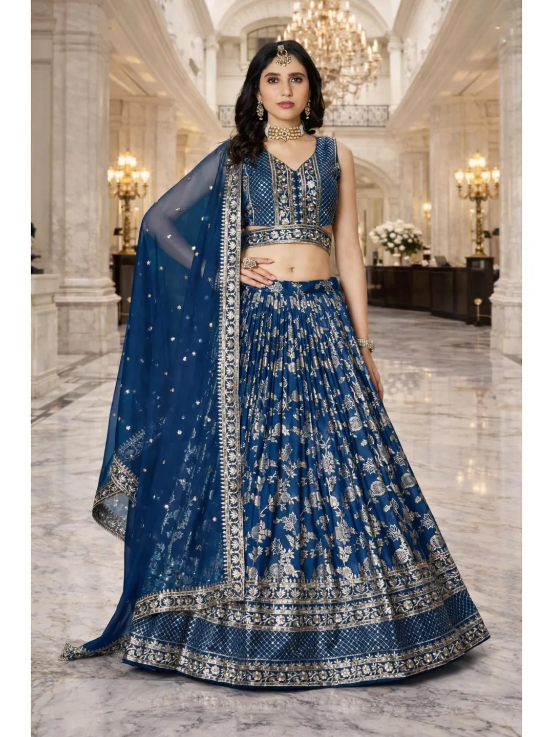 Blue Georgette Ready To Wear Lehenga Choli For Women: Embroidery Sequins Indian Wedding Wear