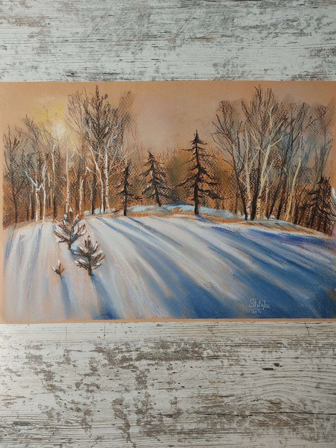 Winter Forest. Original soft pastel drawing.