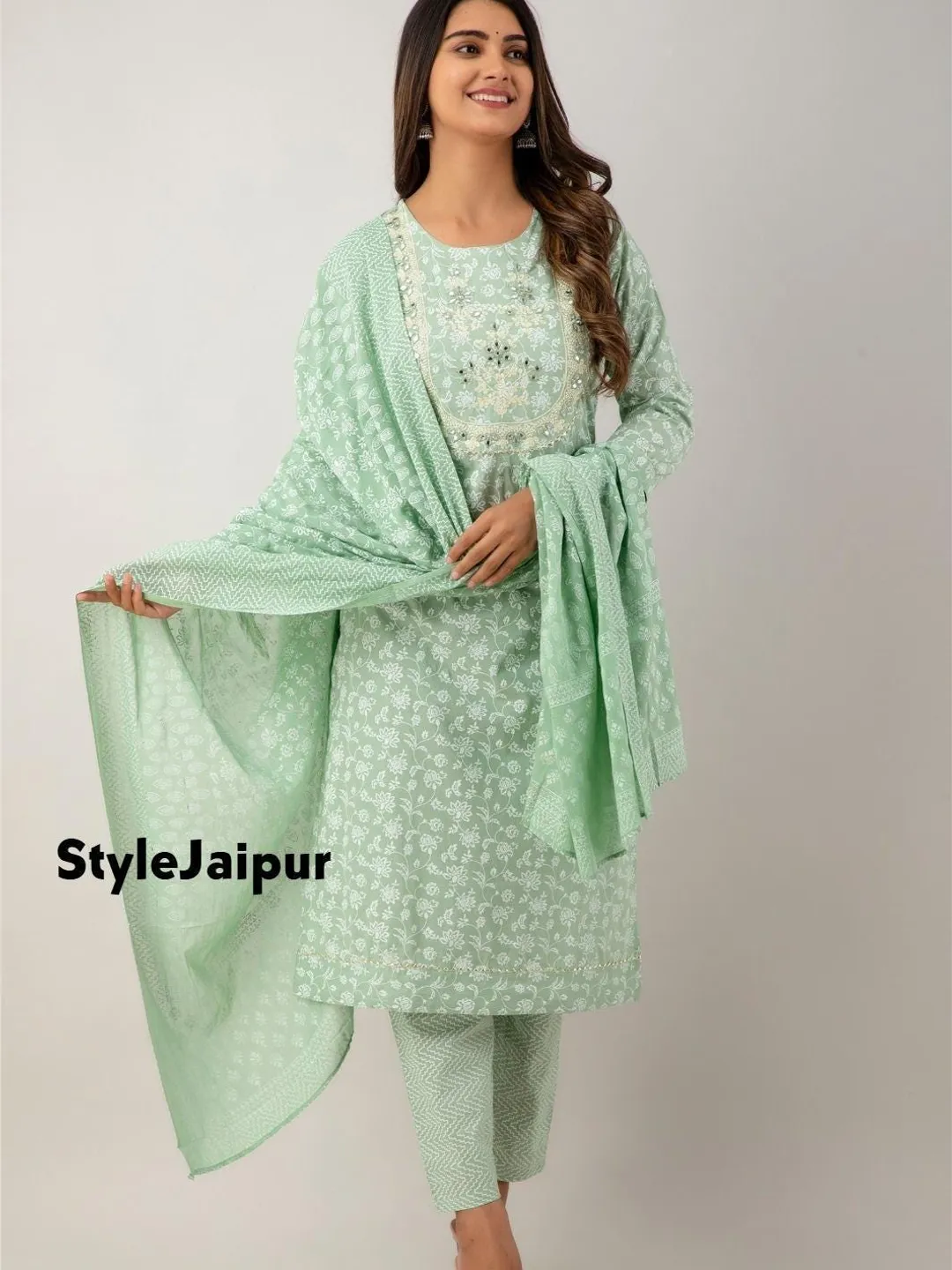 Embroidered Cotton Salwar Kameez Suit: Pakistani Kurta Palazzo Dupatta Set