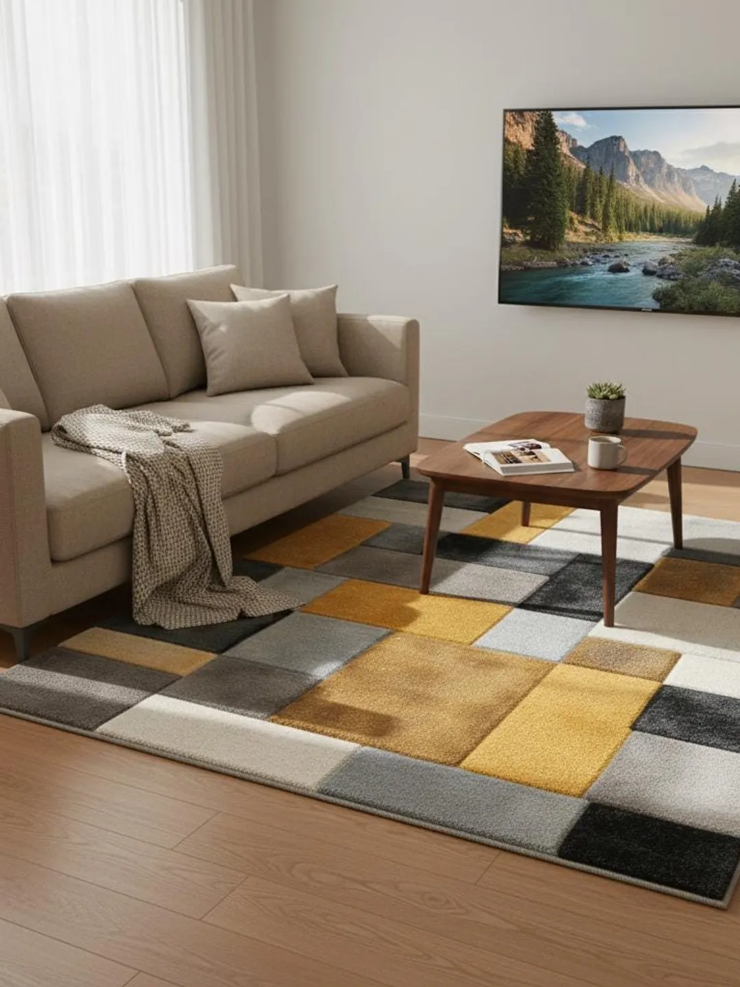 Modern Geometric Block Rug: Mustard Yellow and Grey Carpet 9x12 Rug Teppich