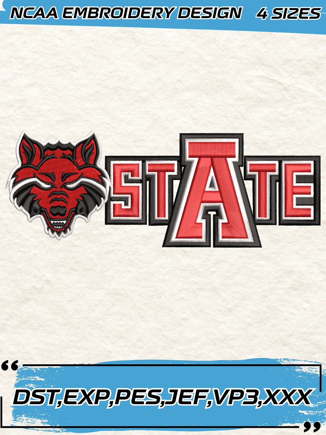 Arkansas State Red Wolves Secondary Logo Embroidery Design,NCAA Logo Embroidery Design,Machine Embroidery Design File,4 Sizes, Digital Download