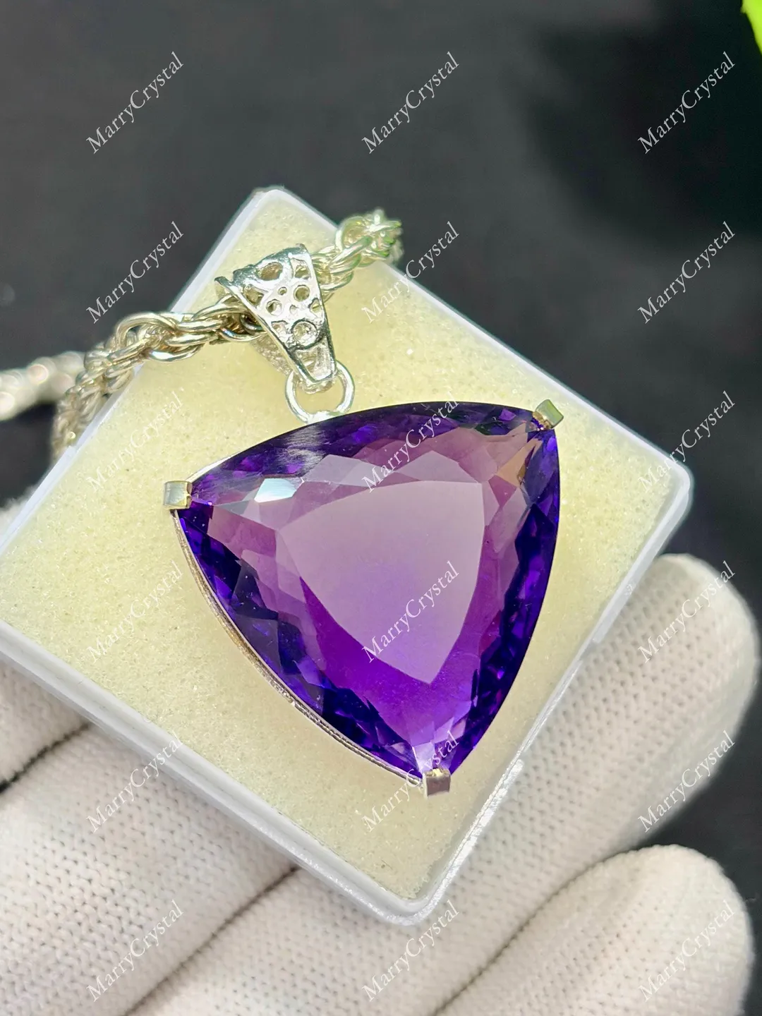 Unique 80 Ct Purple Amethyst Hydrothermal GS Silver Trillion Pendent ...
