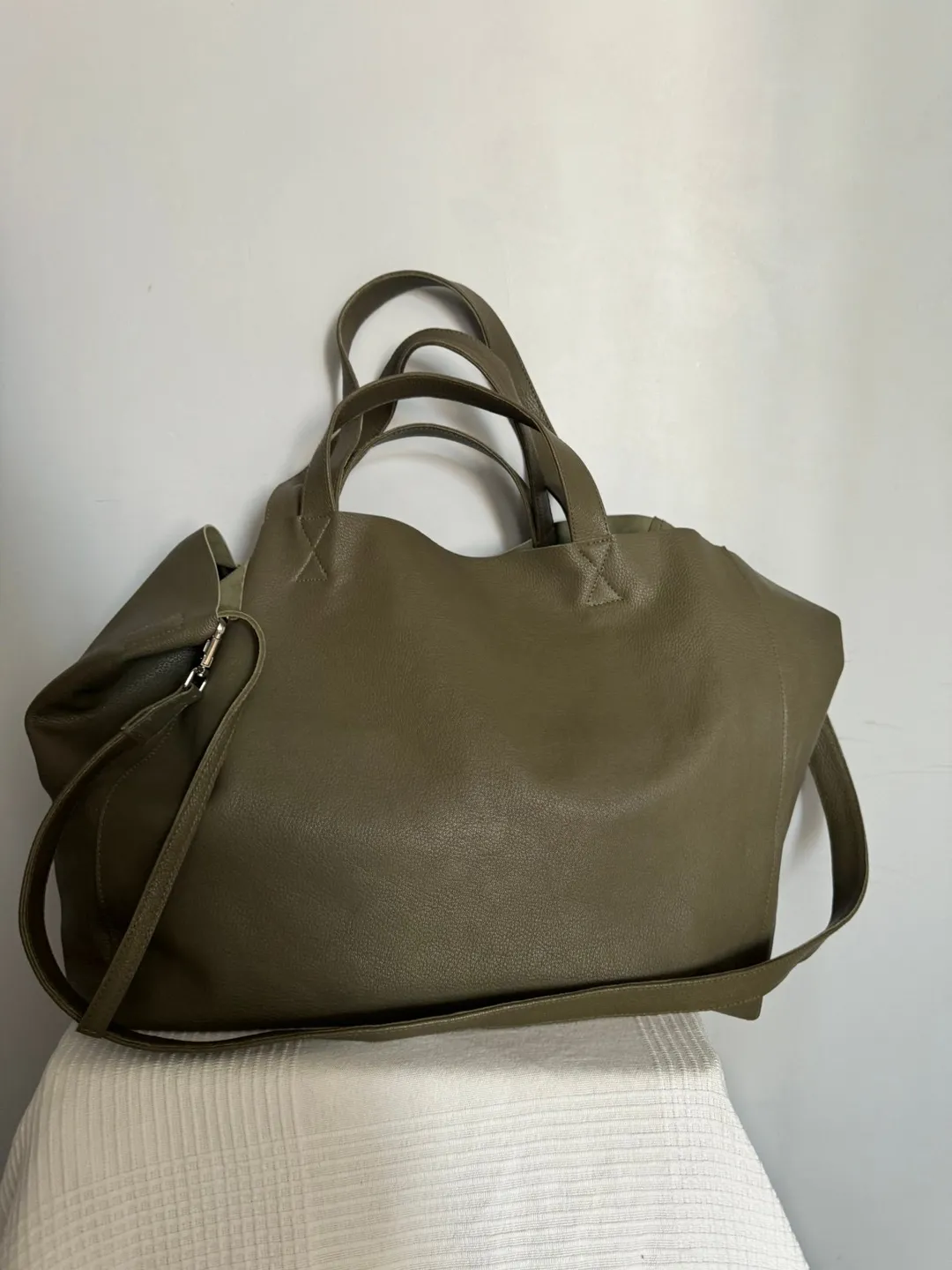 Genuine leather khaki green oversize tote shopper triple handle big bag / everyday purse / handmade bags / designer bags / summer bag /