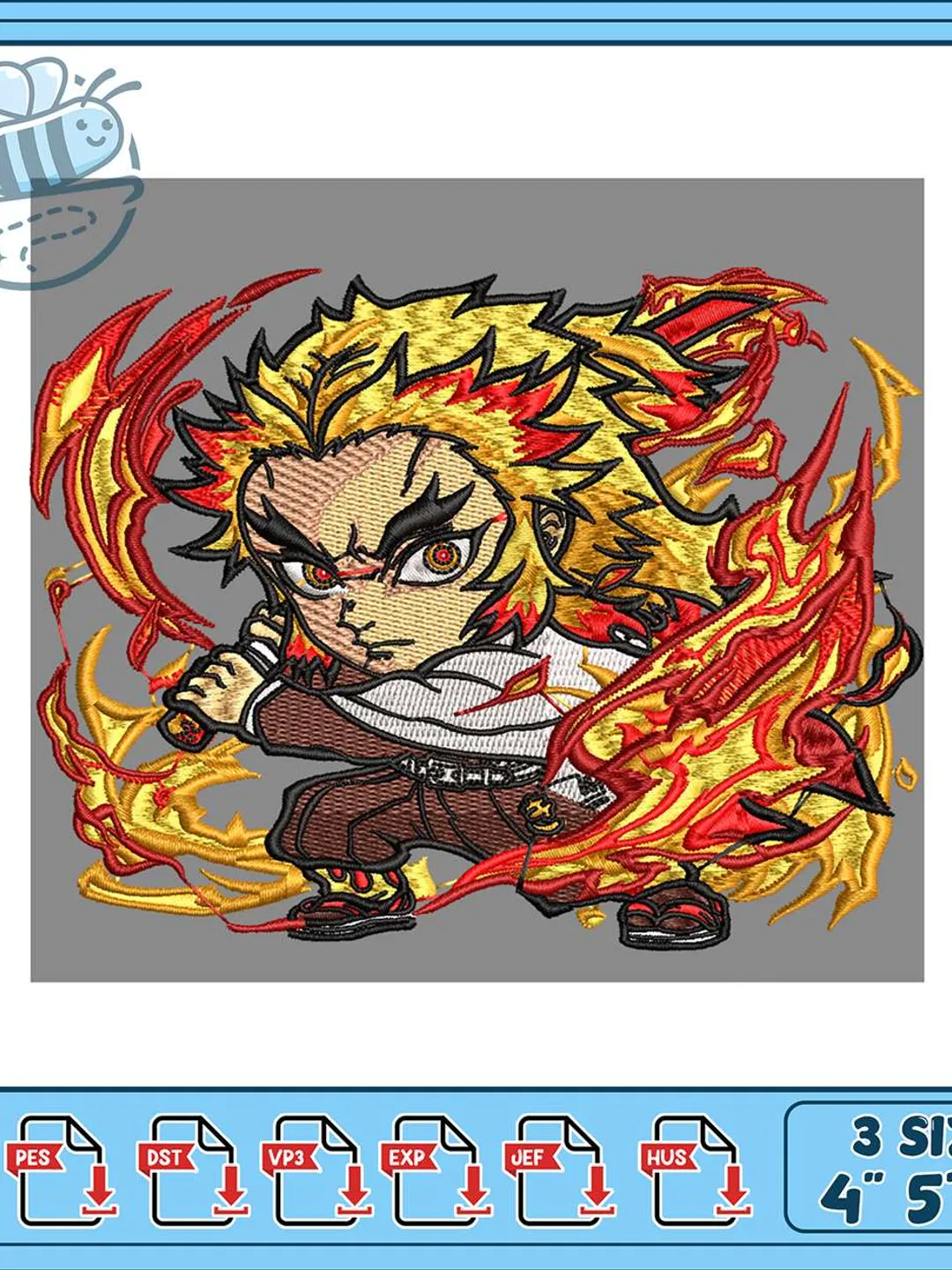 Rengoku Chibi Embroidery Design, Flame Breathing Anime Machine Embroidery File, Demon Slayer Chibi Instant Download