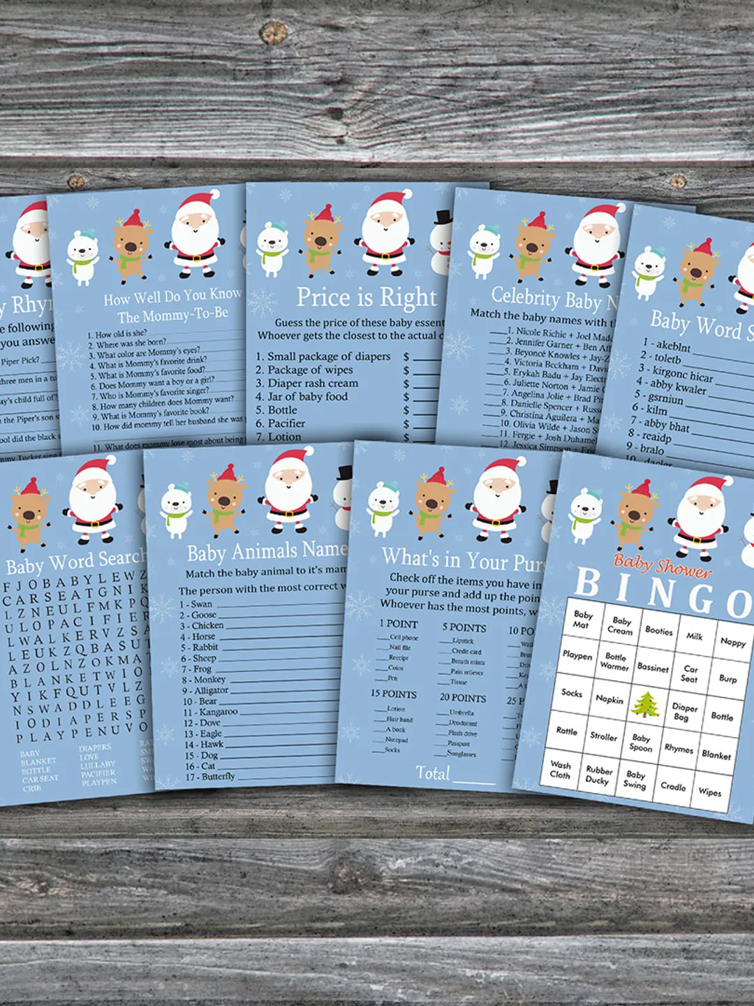 Santa claus baby shower games bundle,Winter themed Baby Shower games package,Fun Baby Shower Games,9 Printable Games-231