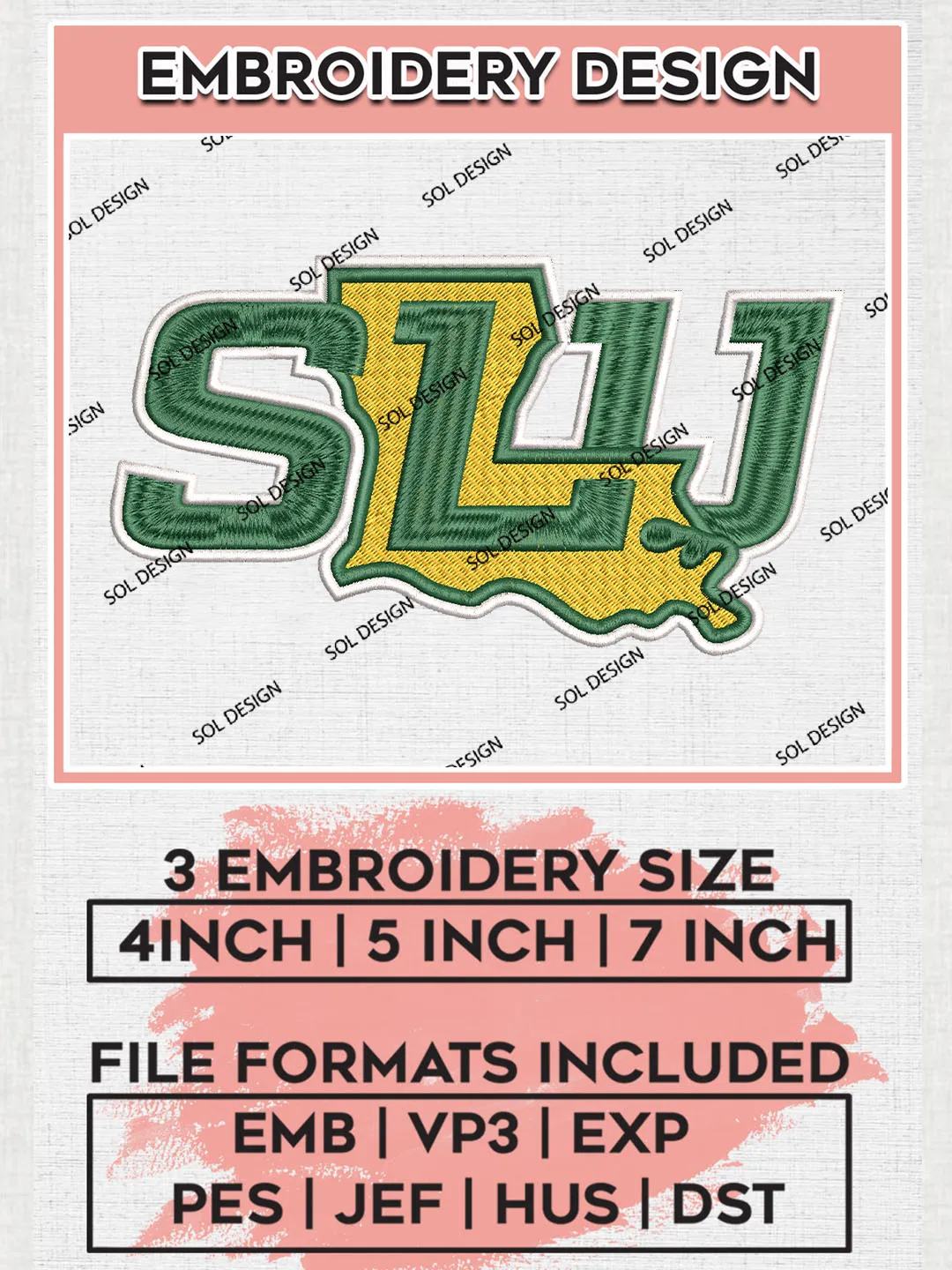NCAA SLU Lions Team Map Logo Embroidery Design Files, NCAA SE Louisiana Lions Machine Embroidery, NCAA Teams, Game Day, 3 sizes, NCAA Machine embroidery designs, Digital Download