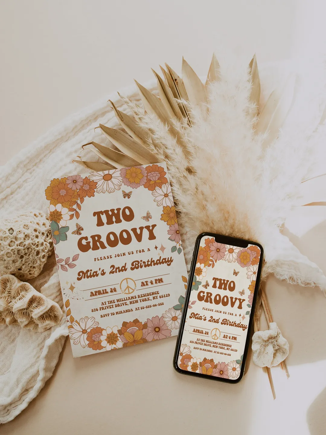 Two Groovy Baby Editable Any Age Pink Groovy Van Daisy Rainbow Hippie Birthday Invitation Let's get Groovy 1st Birthday Invitation ; gr4
