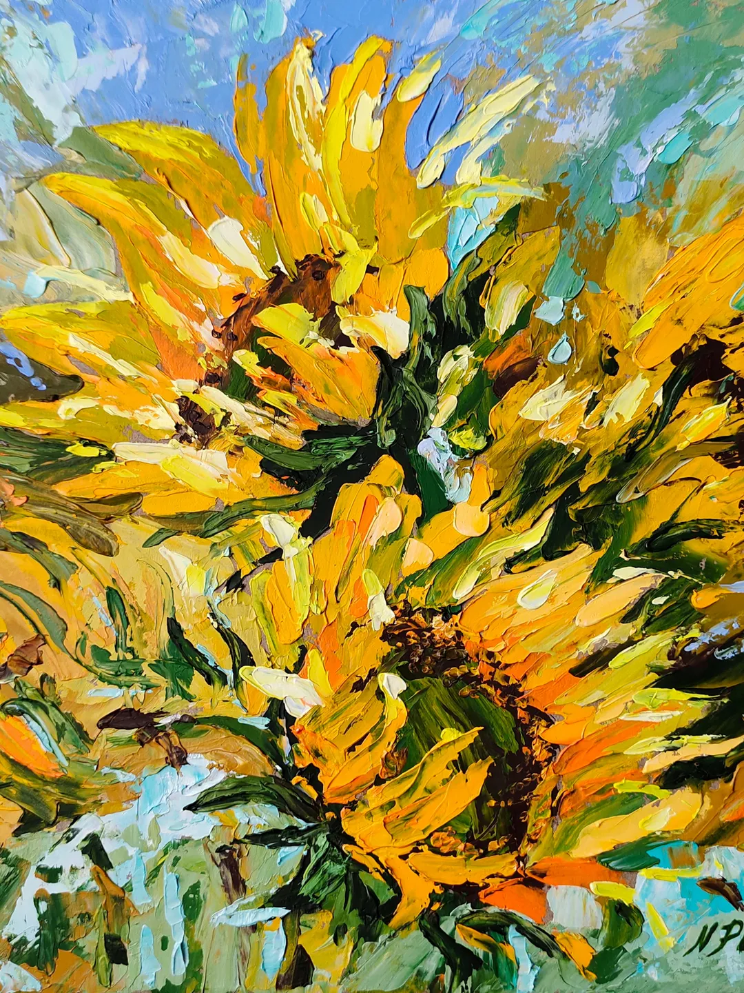 Sunflower painting Flower Original Art 10 by 10 inches Floral Artwork impasto oil painting art by Natalia Plotnikova
