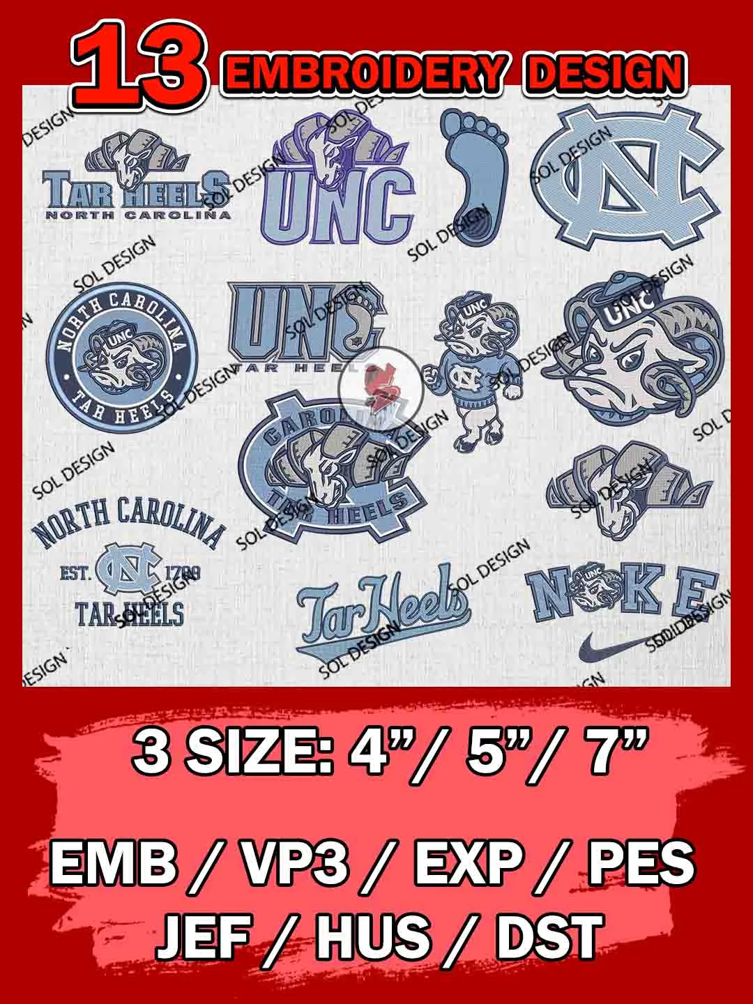 13 NCAA North Carolina Tar Heels Bundle Embroidery Files, NCAA North Carolina Tar Heels Team Bundle Embroidery Designs, NCAA Teams, National College Football Team 3 sizes, NCAA North Carolina Machine Embroidery, Digital Download