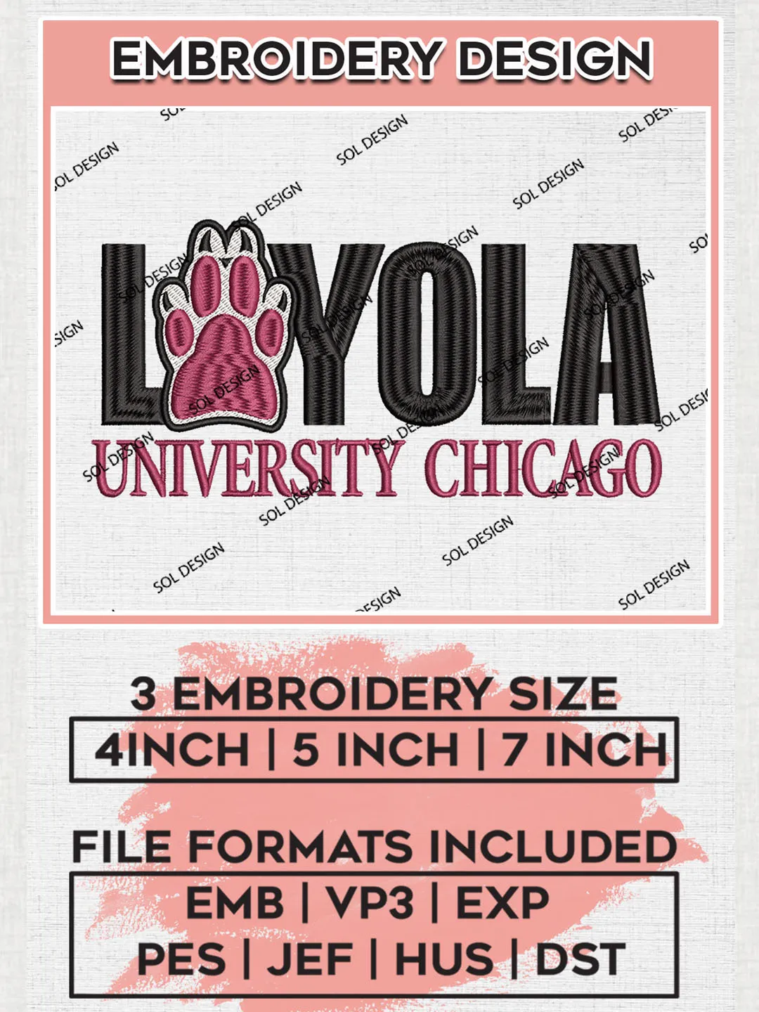 Loyola Chicago Team Word Logo Embroidery Design Files, NCAA Loyola Chicago Ramblers Machine Embroidery, NCAA Teams, 3 sizes, NCAA Machine embroidery designs, Digital Download