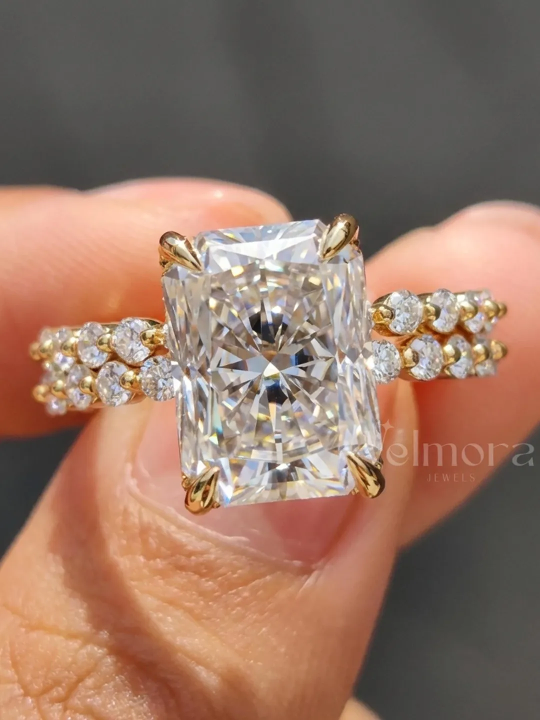 Radiant Cut Engagement Ring, Hidden Halo Bridal Ring, Double Band Anniversary Gift for Her