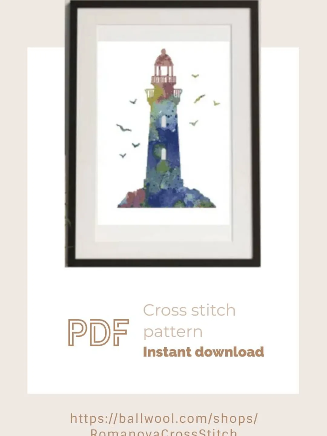 Watercolor Lighthouse cross stitch PDF pattern, Instant download