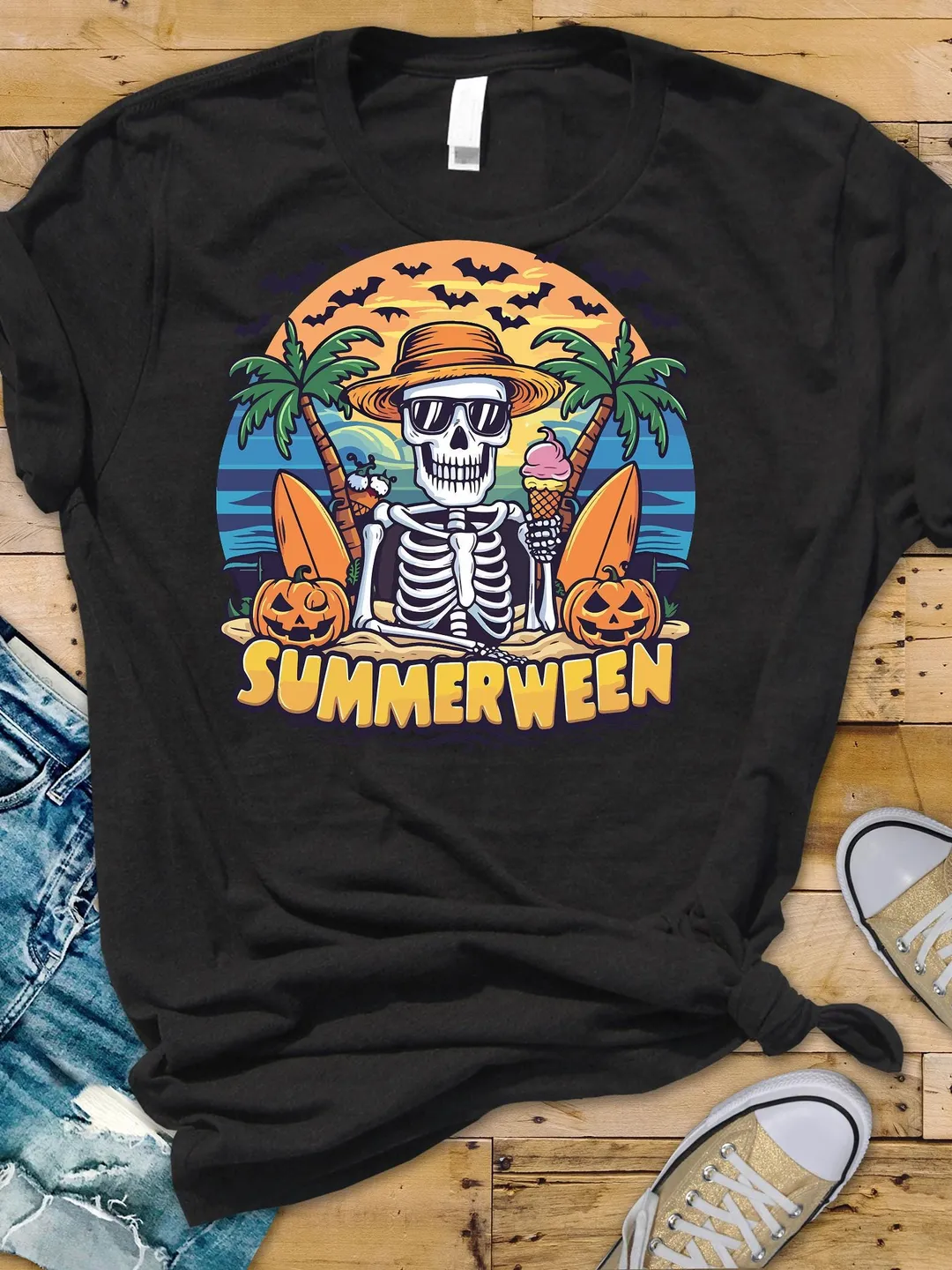 Summerween T-Shirt | Spooky Skeleton Beach Surf Tee