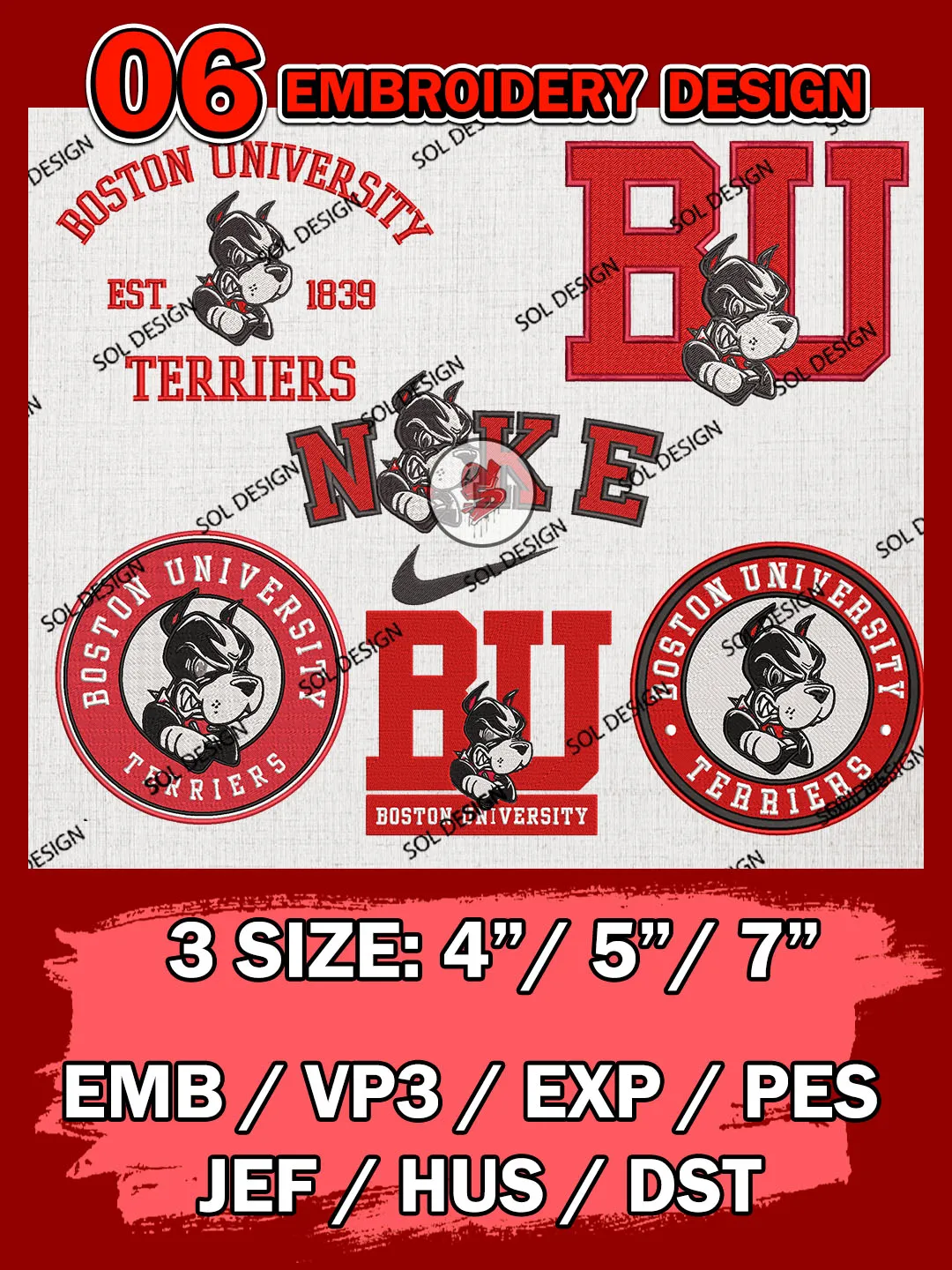 6 NCAA Boston University Terriers Bundle Embroidery Files, NCAA Boston University Terriers Team Bundle Embroidery Designs, NCAA Teams, National College Football Team 3 sizes, NCAA Boston University Machine Embroidery, Digital Download