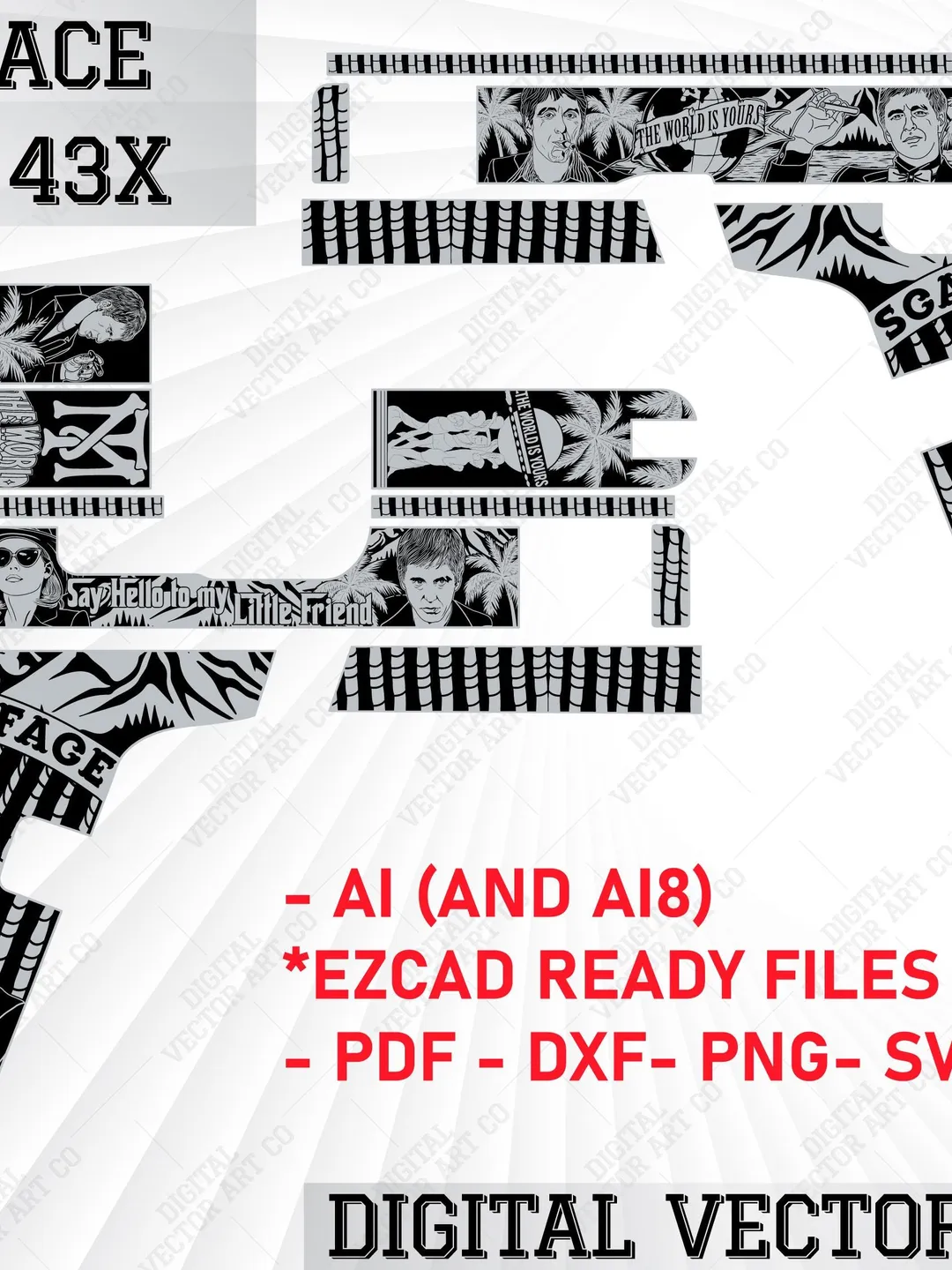 Special Custom Design Scarface Glock 43x | Custom Gun Engraving | Scarface Design Engraving | Digital Engraving File | Ai8 | Svg | Dxf |