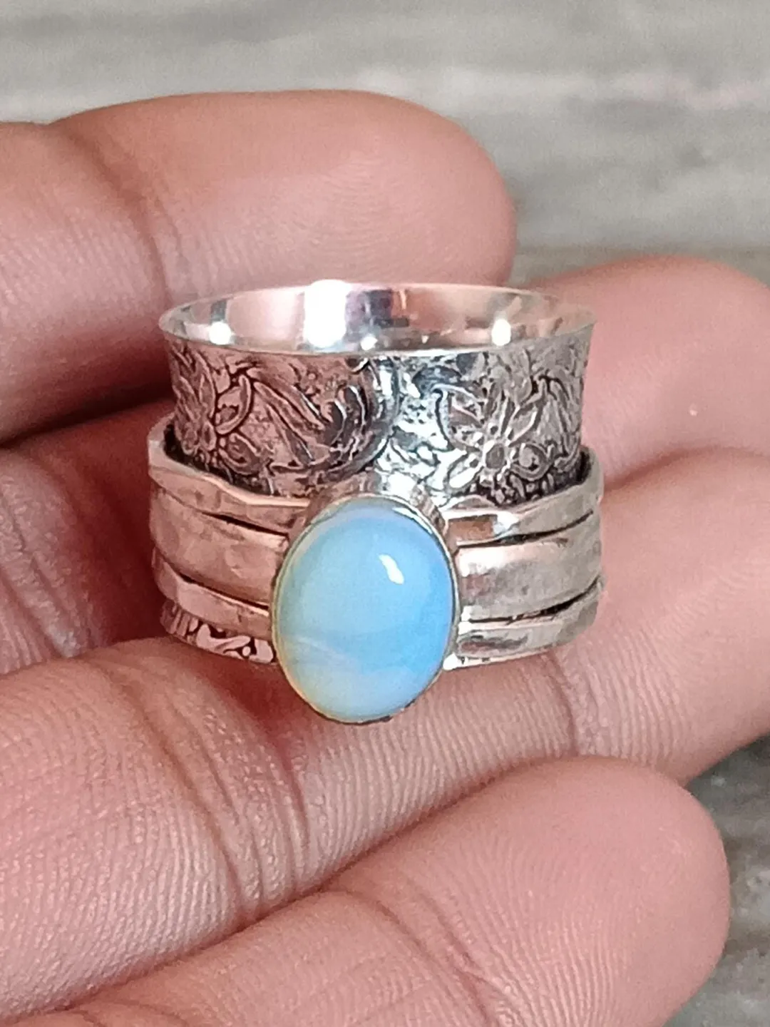 Milky Opal Gemstone Ring, Handmade Ring, 925 Sterling Silver Ring, Partywear Gifts Ring, Engagement Ring, Spinner Ring, Designers Ring,