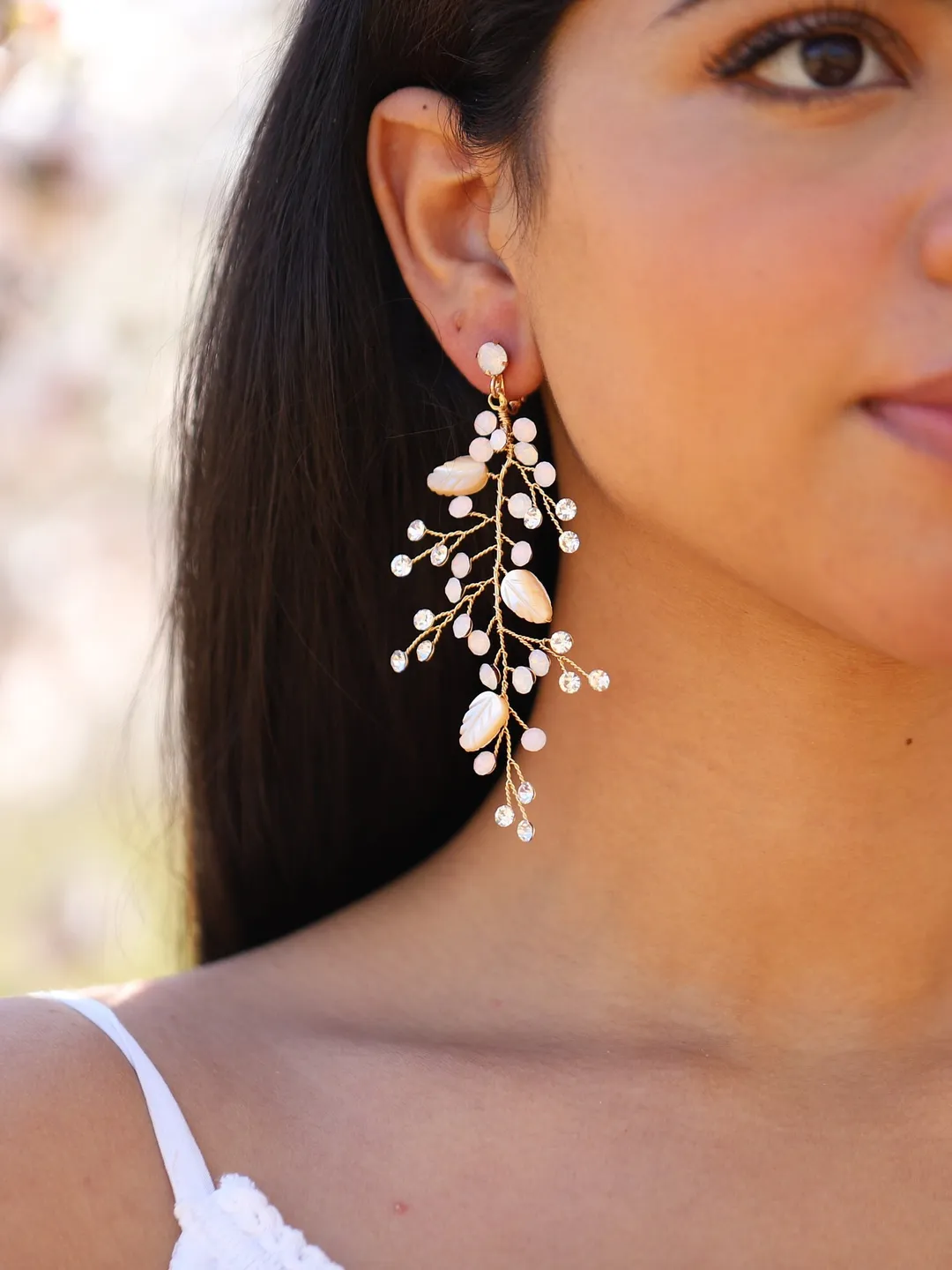 Opal Boho Wedding Earrings, Swarovski Crystal Long Bridal Earrings, Boho Bridal Earrings, Chandelier Statement Leaf Wedding Earrings Jewelry