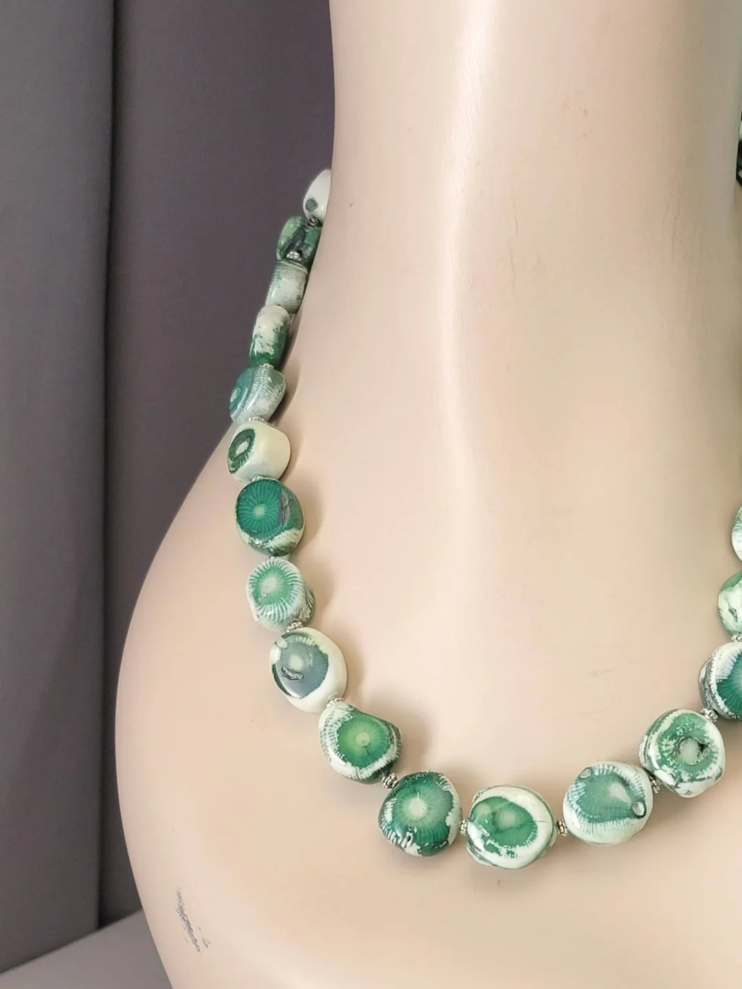 Coral Chunky Necklace, Green Dyed Coral Original Designer Statement, Graduated Natural Bead Necklace, Sterling Silver Adjustable Length
