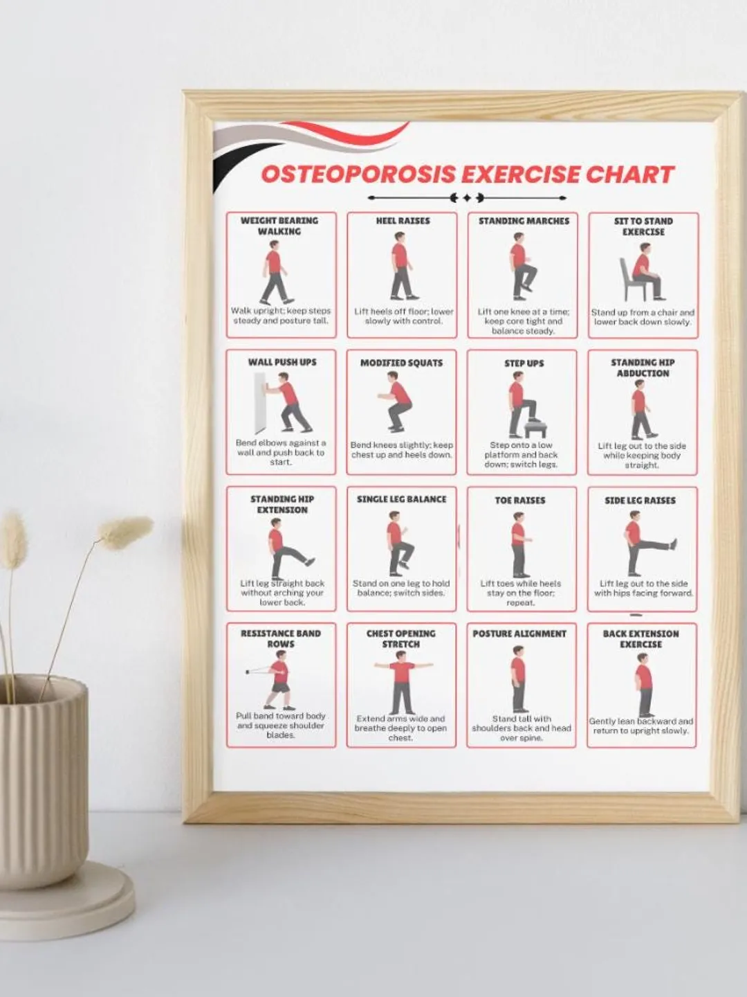 Osteoporosis Exercise Chart, Printable Gentle Low-Impact Daily Routine ...