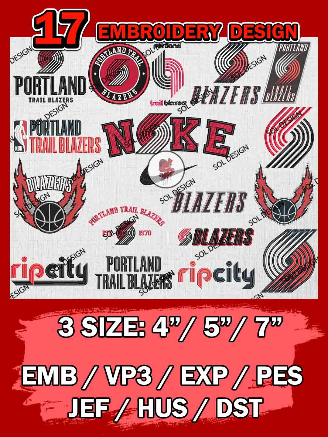 NBA Portland Trail Blazers Bundle Embroidery Files, NBA Portland Trail Blazers Team Embroidery, NBA Teams, National Basketball Association 3 sizes, NBA Blazers Basketball Machine embroidery designs, Digital Download