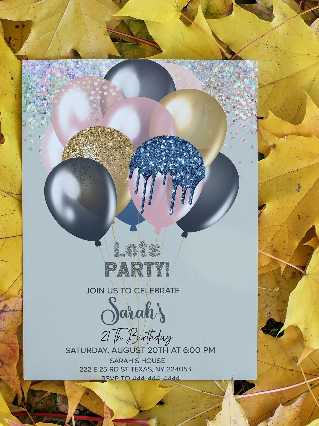 21st Birthday Invitation, Glitter Balloons, Editable Invite (Digital Download)
