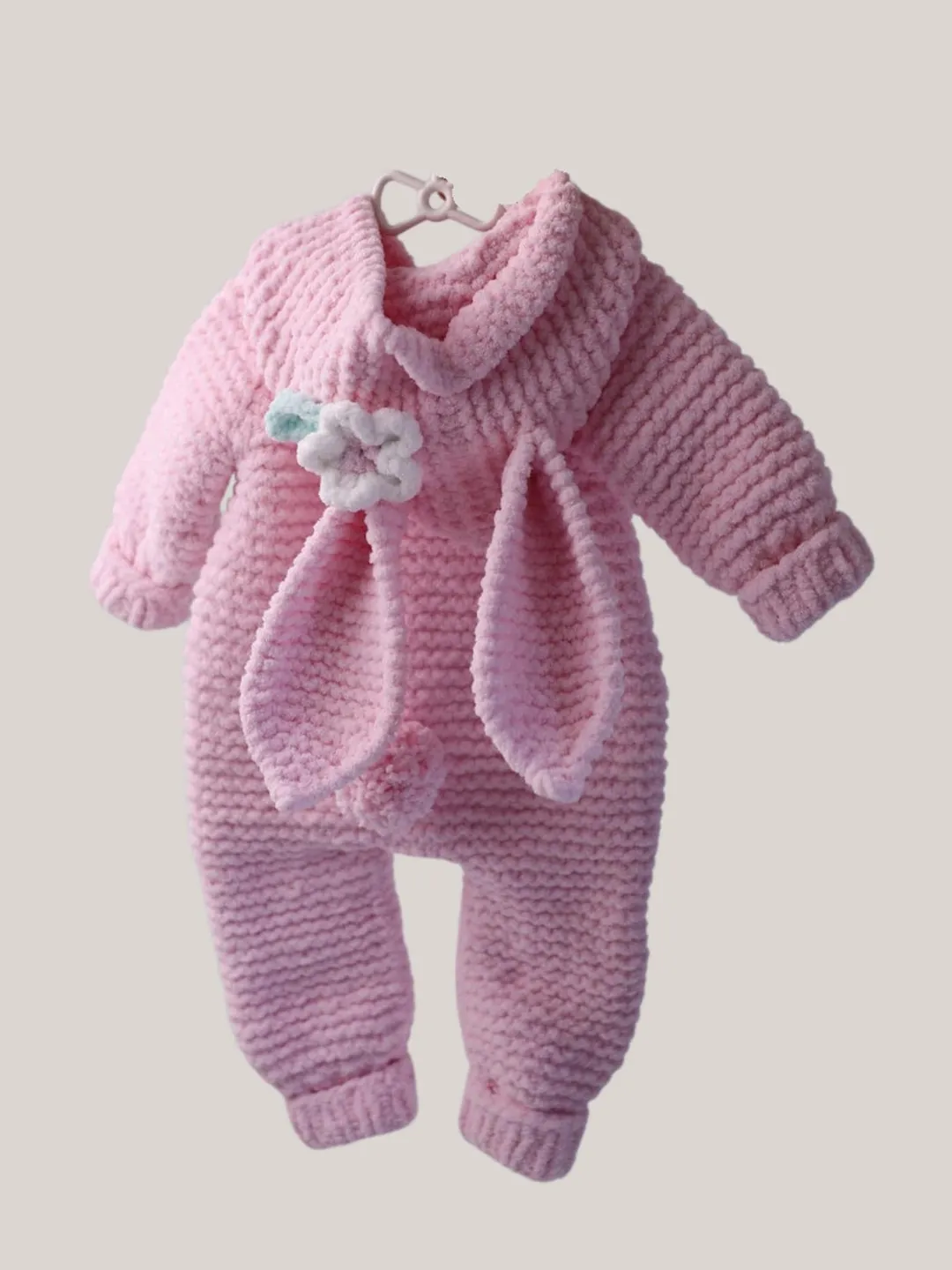 Pink Bunny Ear Newborn Romper, Handmade Knit Baby Girl Outfit, Easter Baby Photo Prop, Soft Infant Hooded Onesie, Unique Baby Shower Gift