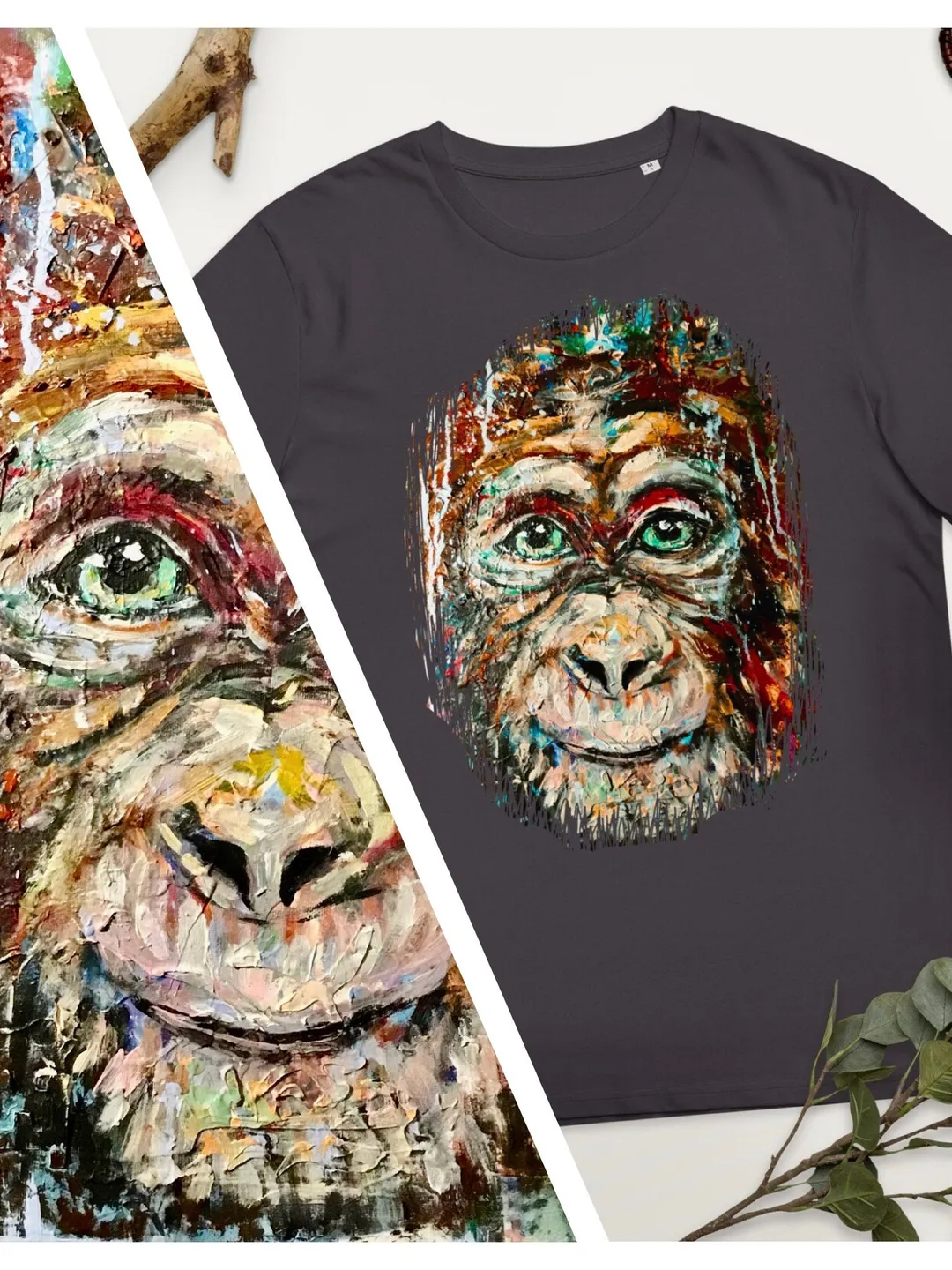 Monkey Unisex organic cotton t-shirt made with my original acrylic mix media painting, funny animals t shirts