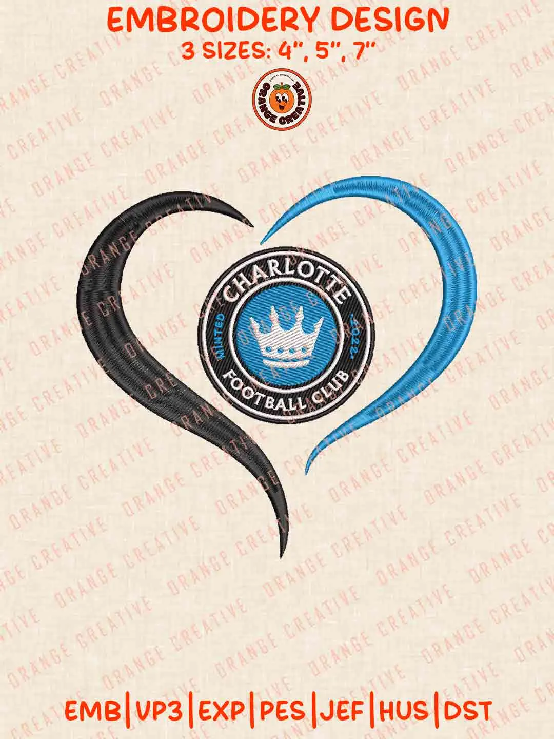 Charlotte FC Heart Logo Logo Embroidery Files, MLS Charlotte FC Logo Embroidery Designs, League Soccer Machine Embroidery Files, MLS Charlotte FC Team Machine Embroidery, 3 sizes, Digital Download
