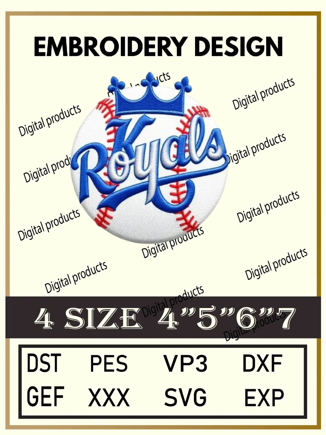 Kansas City Royals Embroidery Design Digital Logo Pattern with Baseball and Crown for Machine Embroidery Projects in Four Sizes with Multiple Compatible Formats Including DST, PES, VP3, DXF, GEF, XXX, SVG, EXP Download