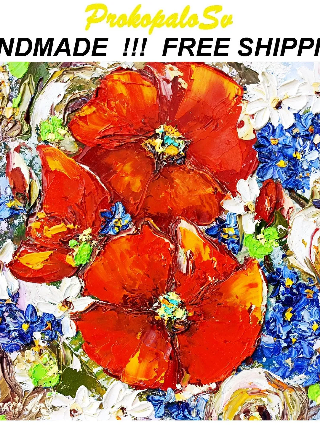 Poppy Painting Daisy Original Art Impasto Oil Painting Small Artwork Forget-me-nots Flower 10 by 10 inches by ArtProkopaloSv